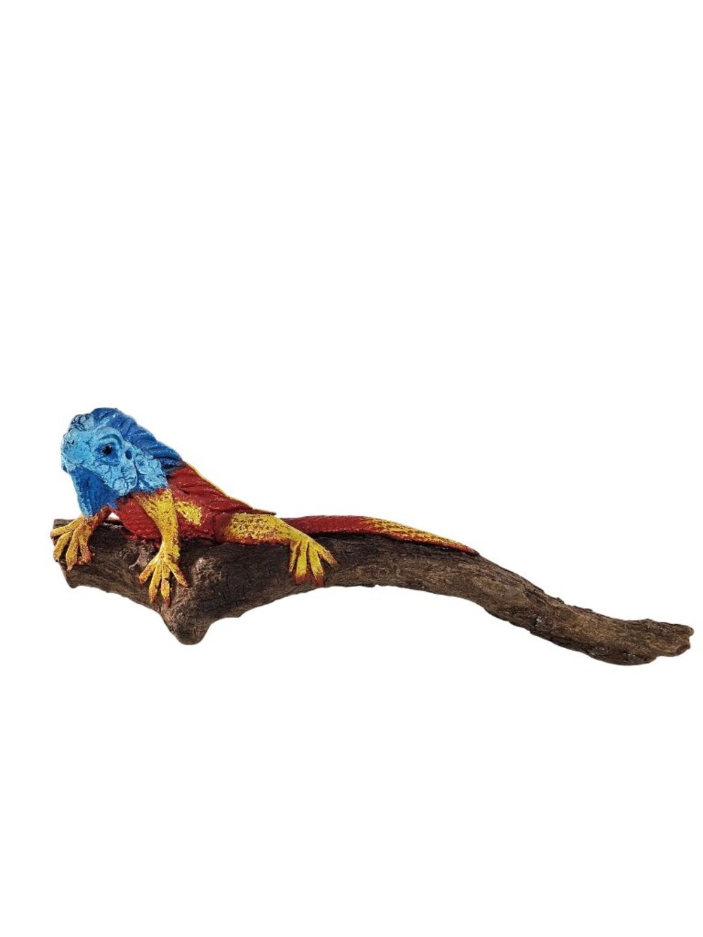 Hand Painted Iguana Figurine On Driftwood Decor Lizard Blue Red Yellow
